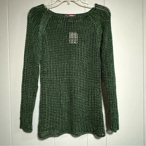 NWT SAY WHAT? Open Knit Long Sleeve Emerald Green Metallic Sweater Size Medium